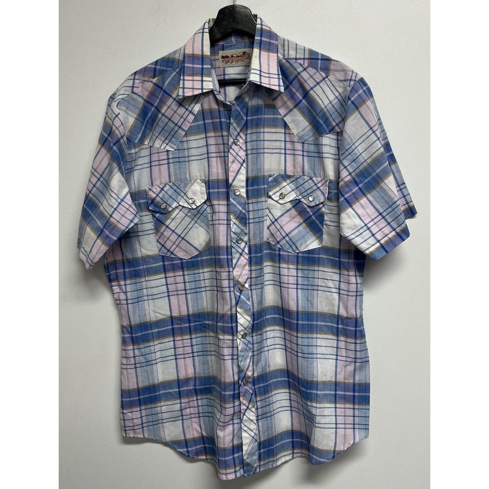 Vintage Stagecoach Western Wear Mens Plaid Pearl Snap Shirt Size L Blue Pink S/S